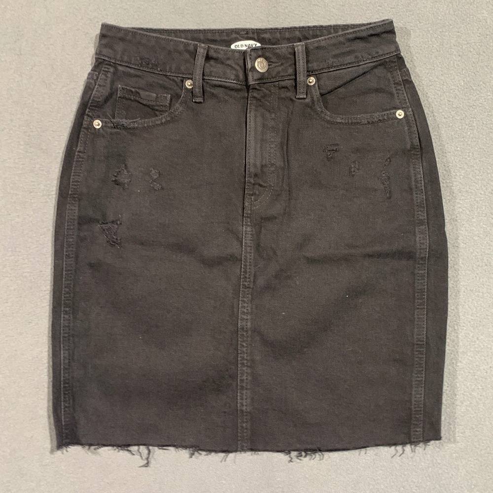 Old Navy Black Denim A Line Mini Skirt Distressed Raw Hem Womens Size 0